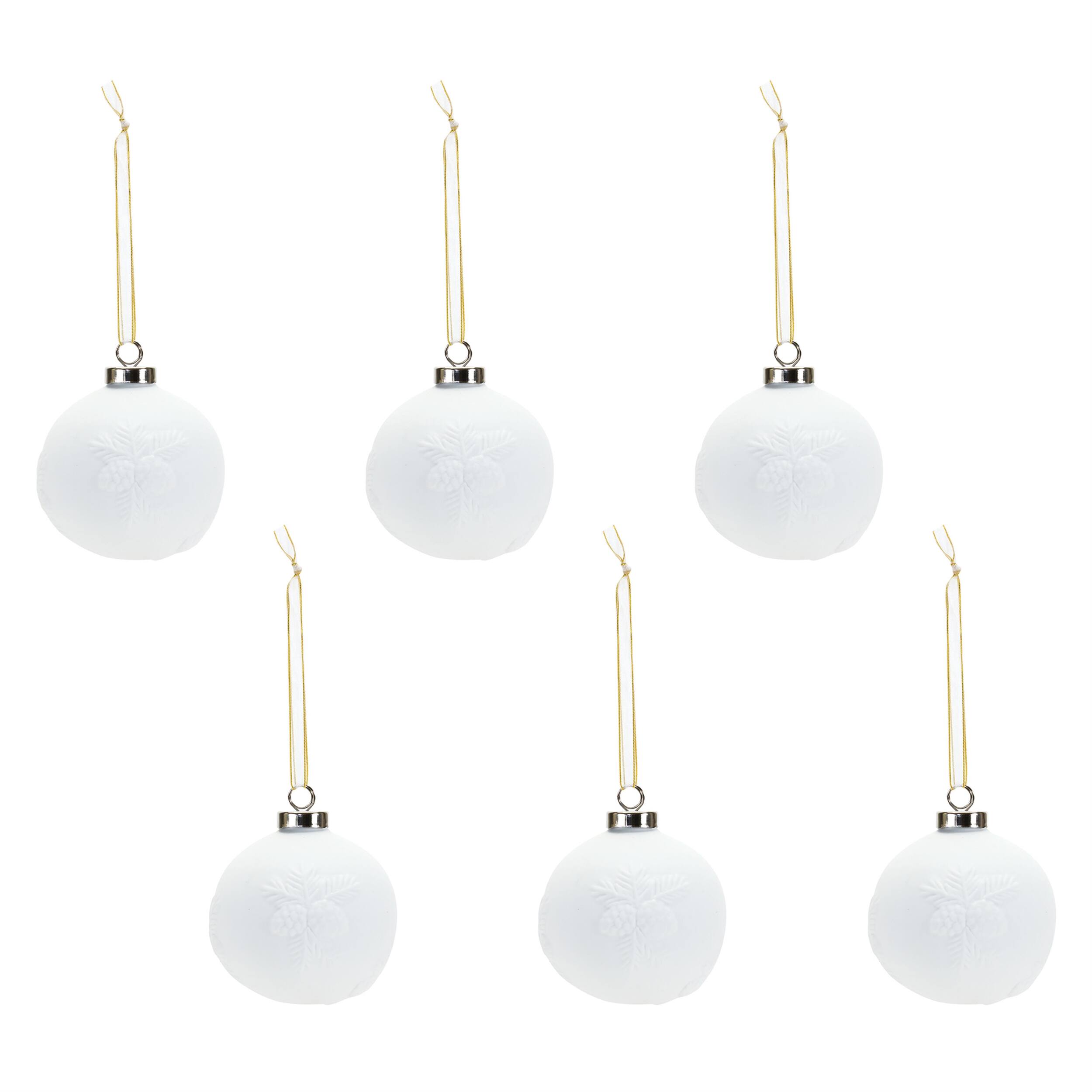 Left. BreeBe - Porcelain Pine Cone Ball Ornament (Set of 6) - White.