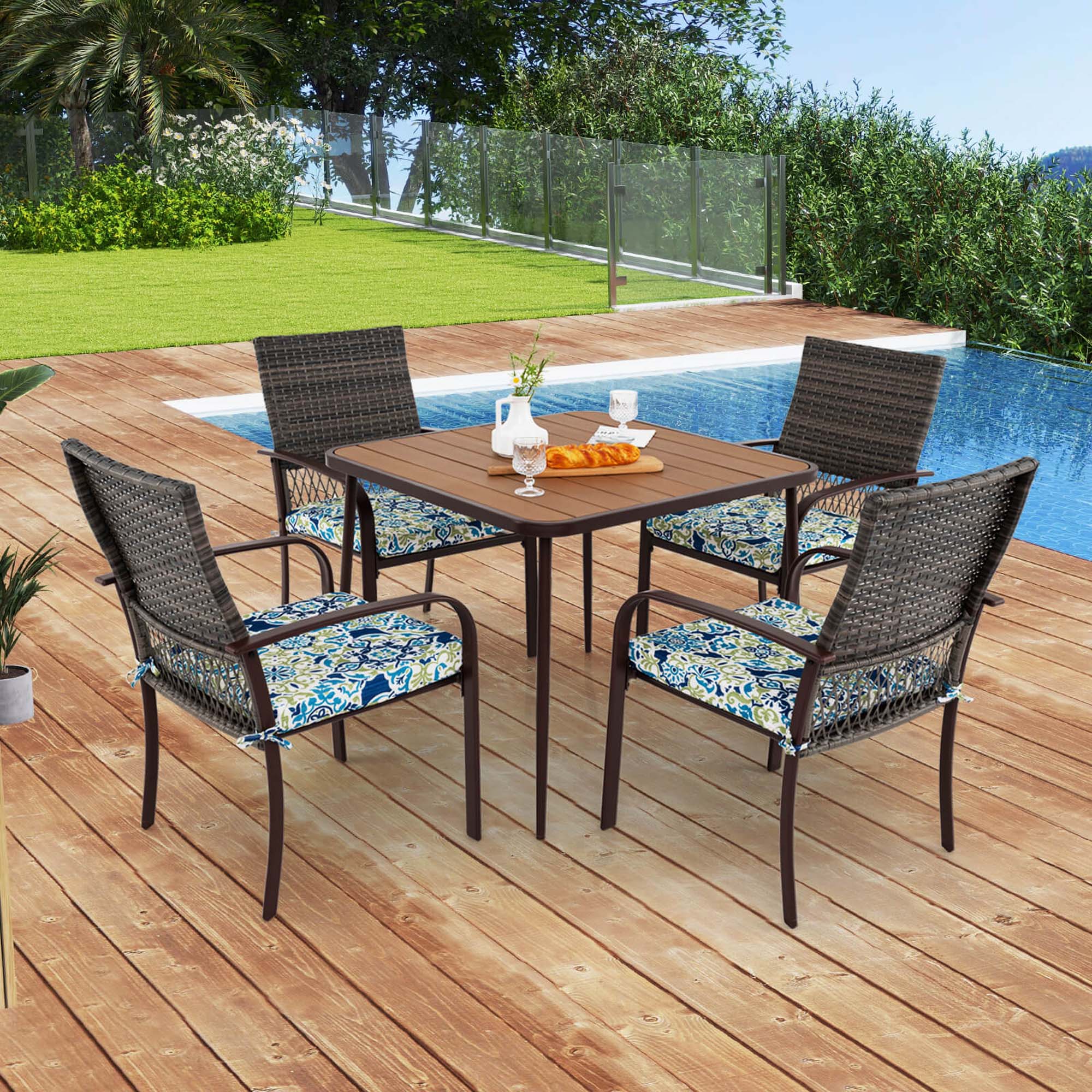 Alt View 1. Costway - Costway 5 Pieces Patio Dining Set, 4 Cushioned Rattan Armchairs & Square Table - Brown.
