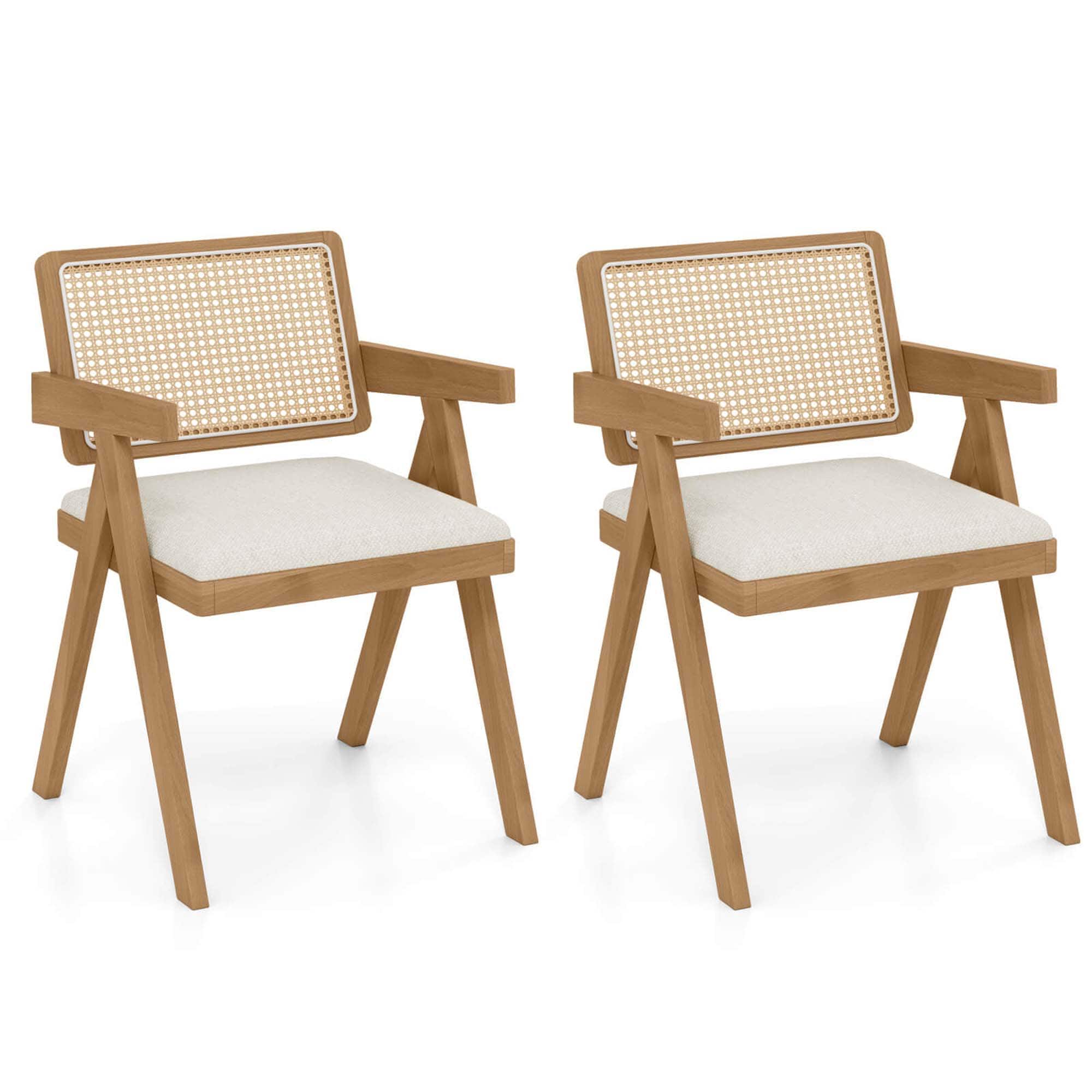 Costway - Set of 2 Rattan Accent Chairs Leathaire Dining Chairs Modern Living Room Chairs - White + Natural