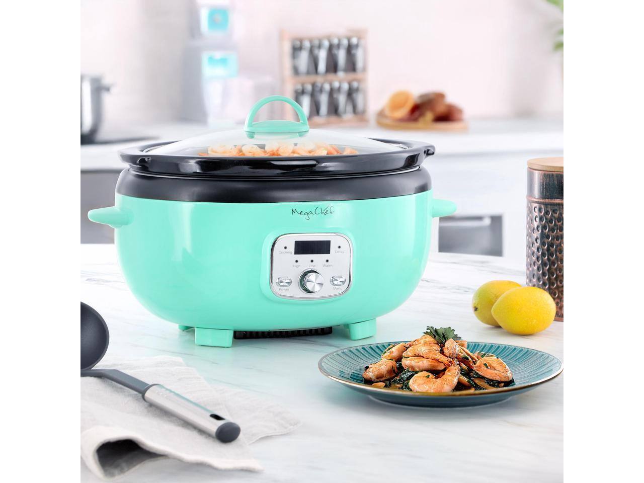 Alt View 4. MegaChef - MegaChef 6.9 Quart Oval Electric Slow Cooker in Turquoise with Black Pot - Turquoise.