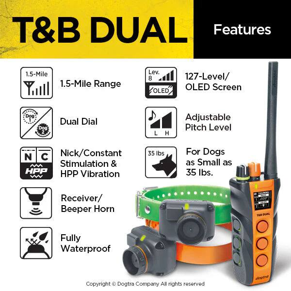 T&B DUAL Features

1.5-Mile Range

127-Level/ OLED Screen

Dual Dial

Nick/Constant Stimulation & HPP Vibration

Adjustable Pitch Level

Receiver/ Beeper Horn

Fully Waterproof

For Dogs as Small as 35 lbs.

Lev. 8

L H

Dog 1

Dog 2

Copyright © Dogtra Company All rights reserved