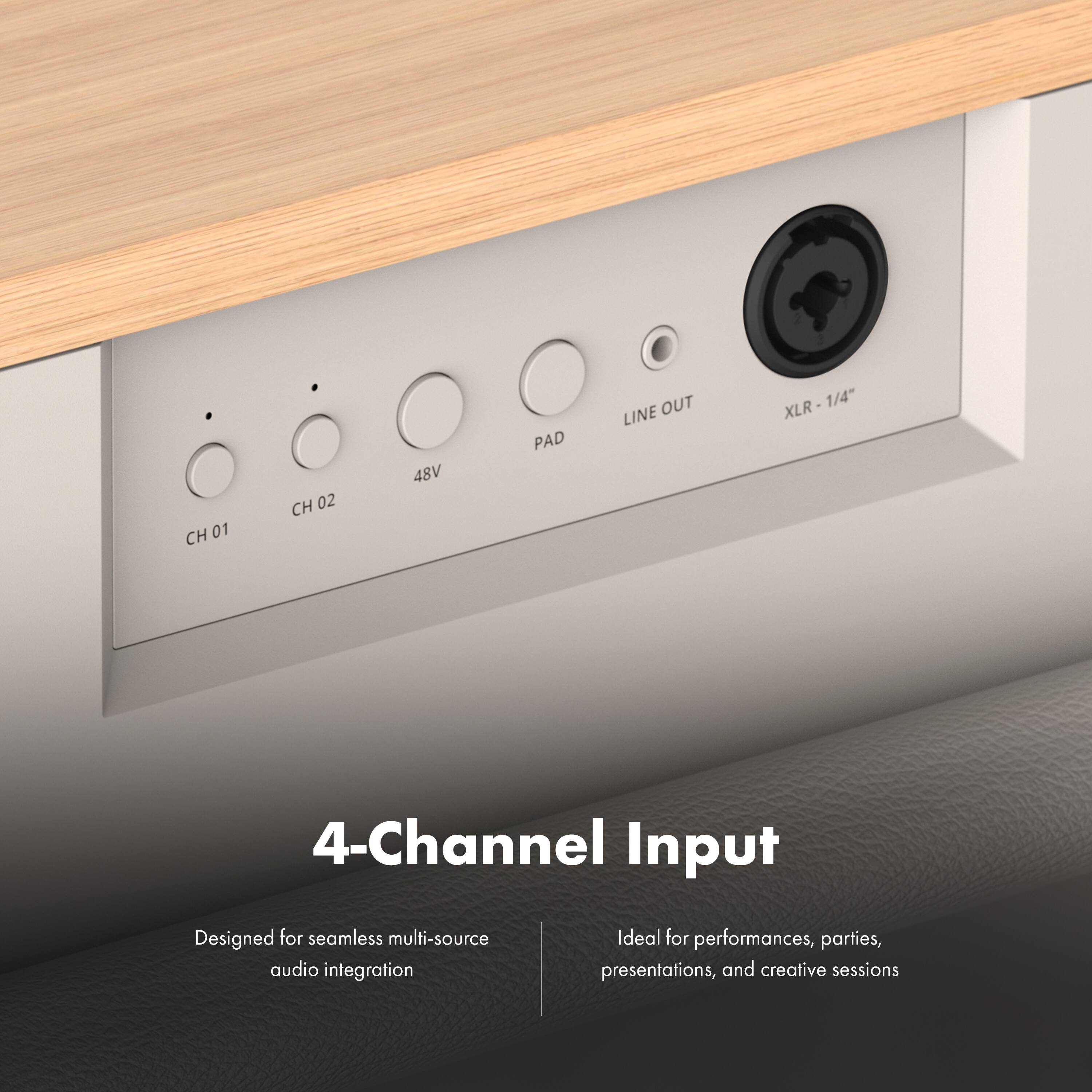 CH 01  
CH 02  
48V  
PAD  
LINE OUT  
XLR-1/4" XLR  
4-Channel Input  
Designed for seamless multi-source audio integration  
Ideal for performances, parties, presentations, and creative sessions