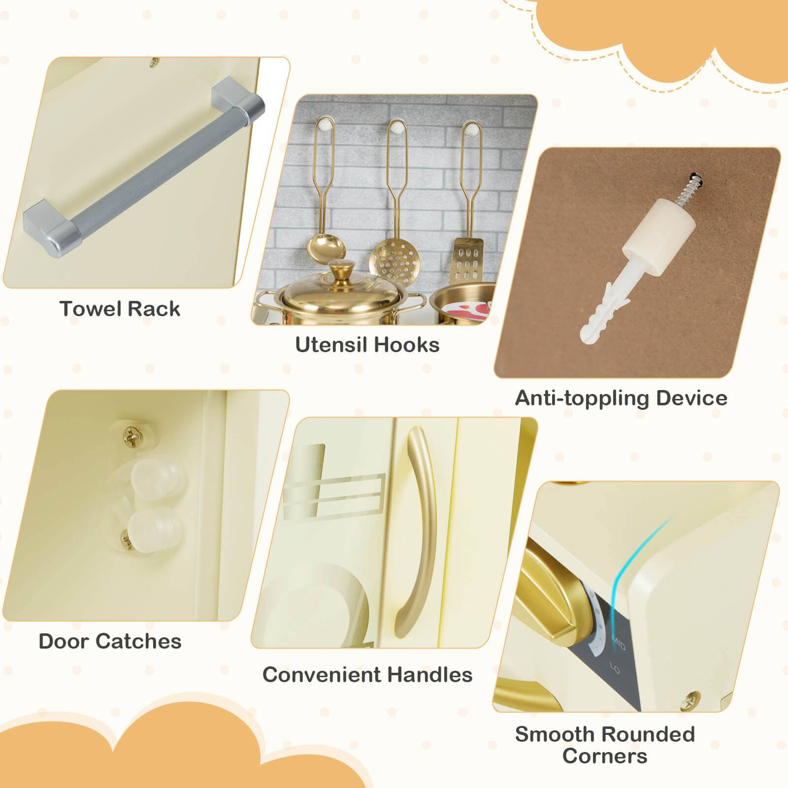 - Towel Rack
- Utensil Hooks
- Anti-toppling Device
- Door Catches
- Convenient Handles
- Smooth Rounded Corners