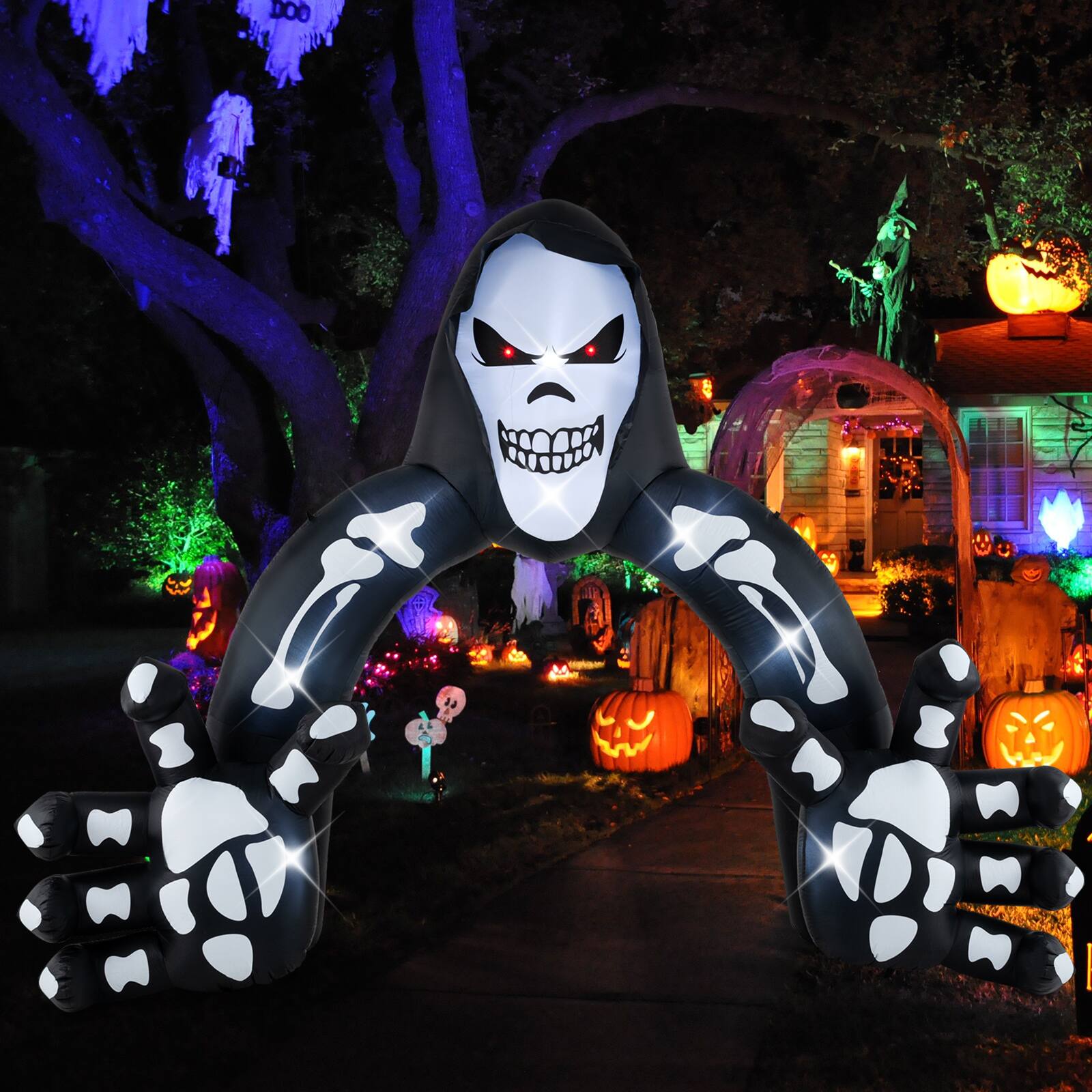 Angle. Costway - 10.2 x 8.7 ft Halloween Inflatable Grim Reaper Archway LED Lighted Skeleton Archway - Black.
