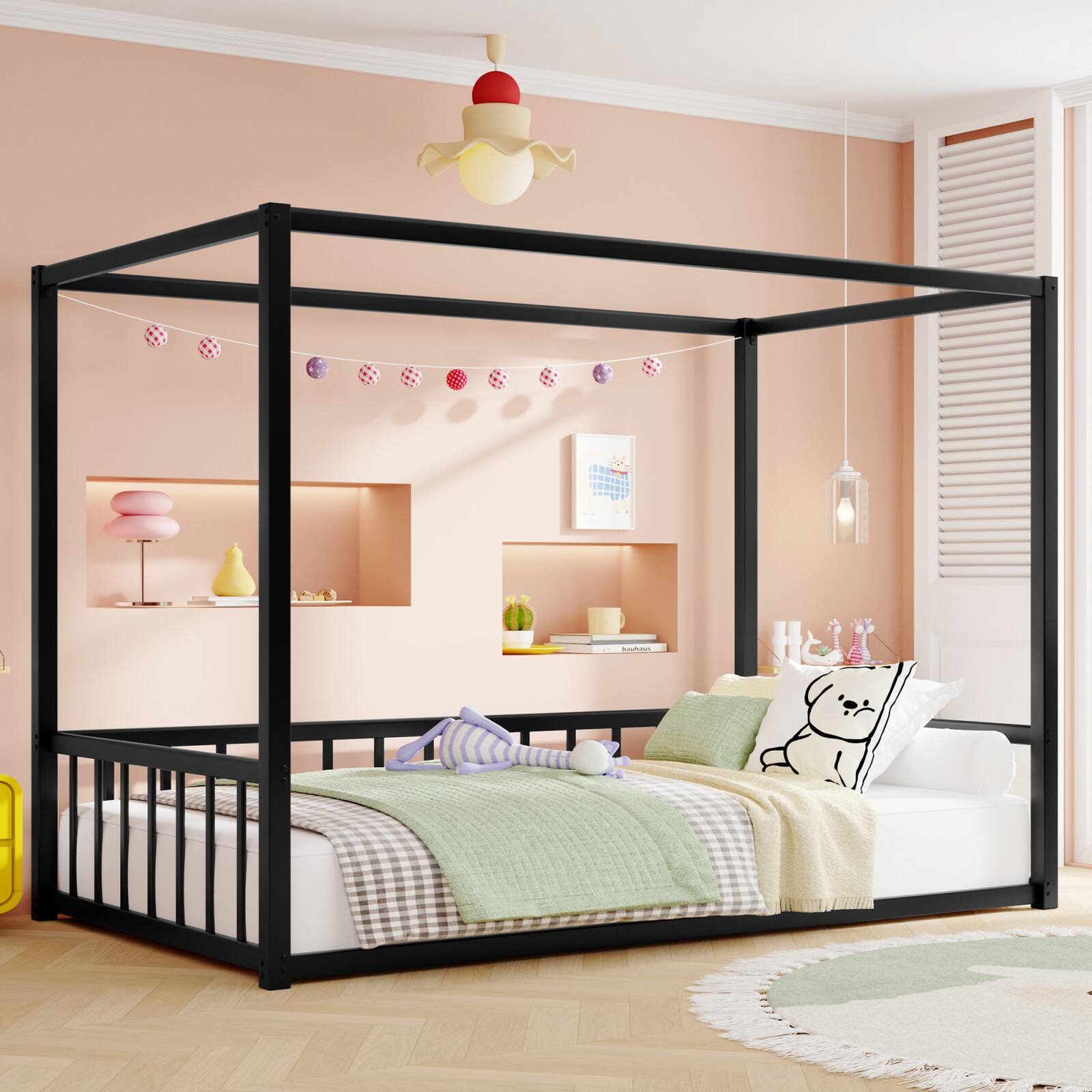 Alt View 5. Ecooso - Twin size sunshade floor bed, iron double-size bed frame, modern low-profile double-size bed, equipped with fence - Black.