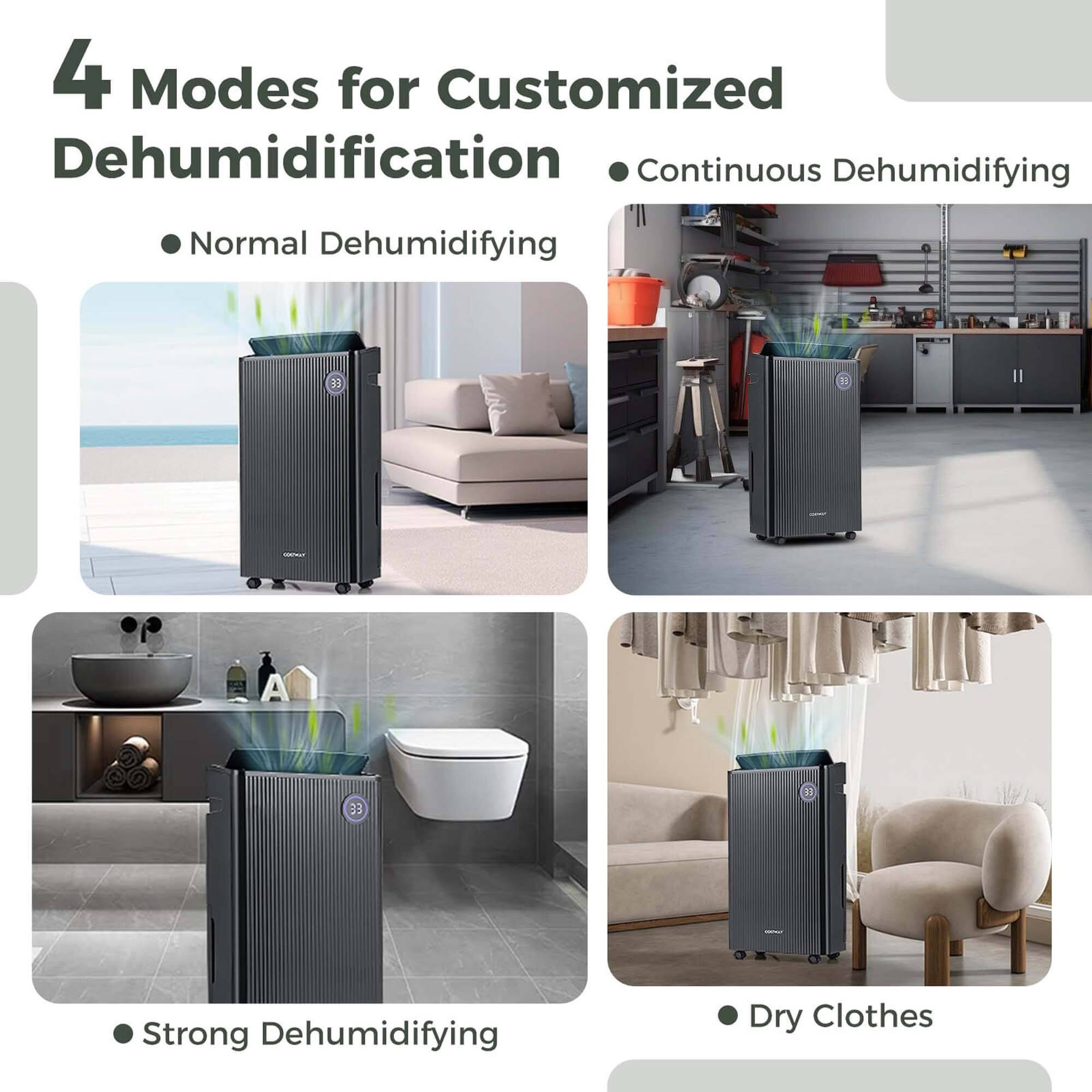 4 Modes for Customized Dehumidification:

1. Continuous Dehumidifying: This mode is designed for maintaining a consistent humidity level in the room. It automatically adjusts the dehumidification rate based on the room's humidity.
2. Normal Dehumidifying: This mode is suitable for regular use in a room with moderate humidity levels. It provides optimal dehumidification without consuming too much energy.
3. Strong Dehumidifying: This mode is ideal for rooms with high humidity levels, such as a bathroom after a shower. It quickly reduces the humidity to a comfortable level.
4. Dry Clothes: This mode is designed to dry clothes efficiently. It uses the dehumidification function to remove moisture from the clothes, making them dry and comfortable to wear.