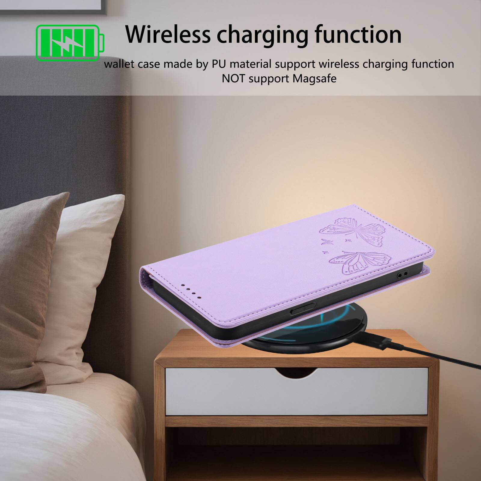 Wireless charging function

wallet case made by PU material support wireless charging function NOT support Magsafe