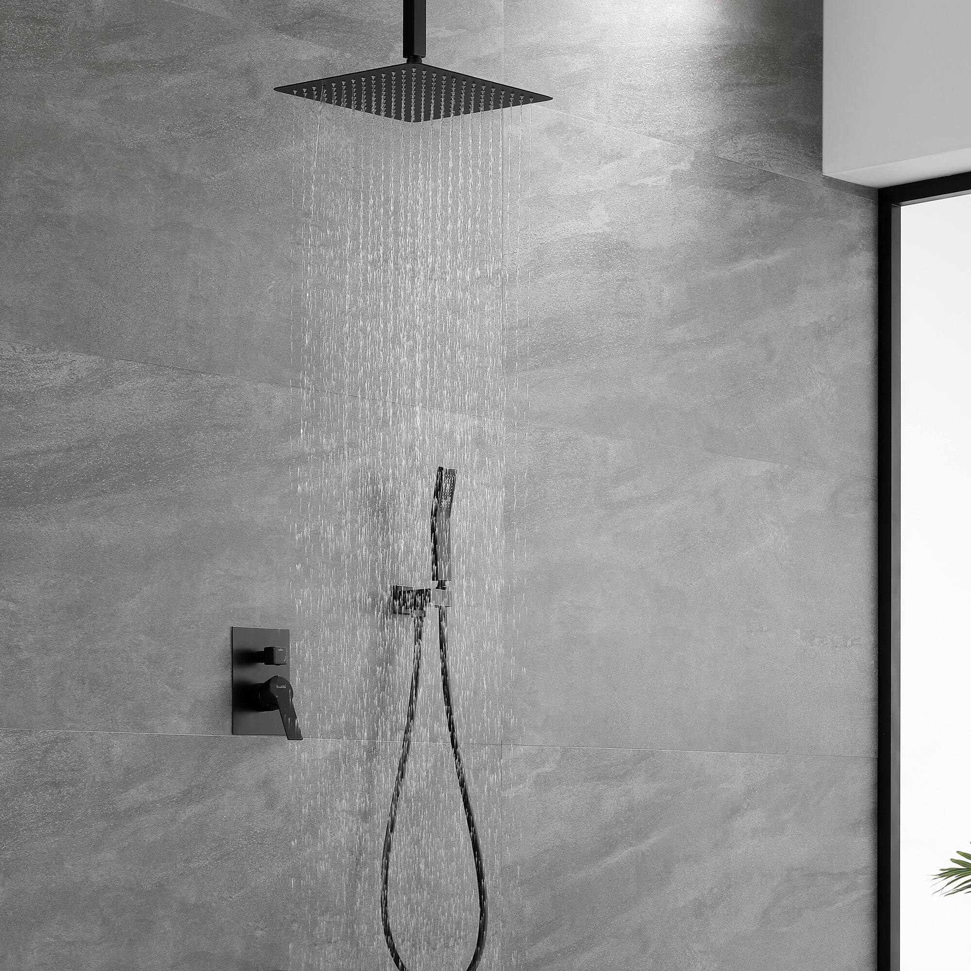Left. Boyel Living - 1-Spray Patterns with 2.5 GPM 12 in. Ceiling Mount Dual Shower Heads with Pressure Balance Valve in Matte Black - Matte Black.
