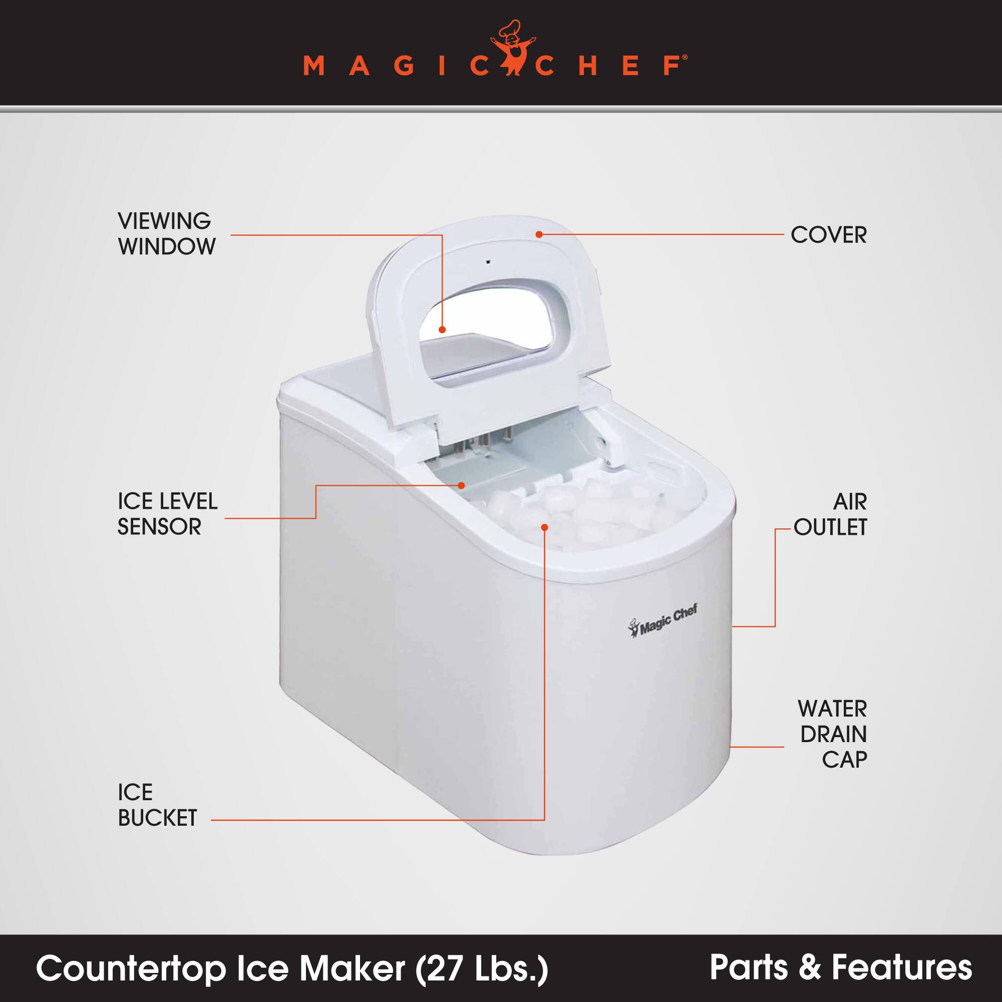 MAGICCHEF VIEWING WINDOW COVER ICE LEVEL SENSOR AIR OUTLET Chef Magic ICE BUCKET WATER DRAIN CAP Countertop Ice Maker (27 Lbs.) Parts & Features