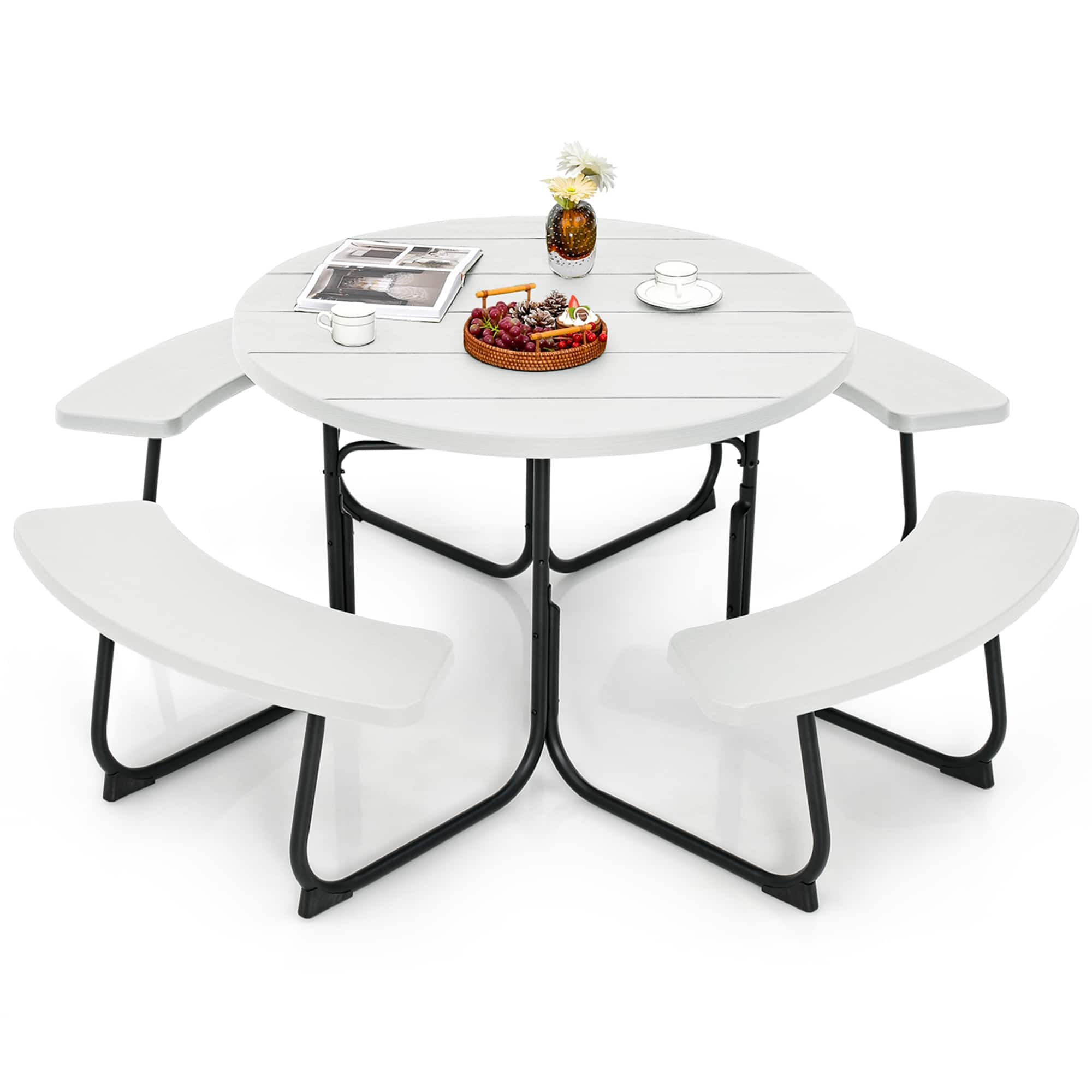 Costway - Outdoor 8-person Round Picnic Table Bench Set with 4 Benches & Umbrella Hole - White