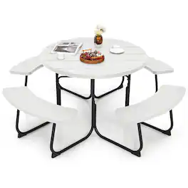 Costway - Outdoor 8-person Round Picnic Table Bench Set with 4 Benches & Umbrella Hole - White