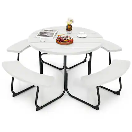 Front. Costway - Costway Outdoor 8-person Round Picnic Table Bench Set with 4 Benches & Umbrella Hole - White.