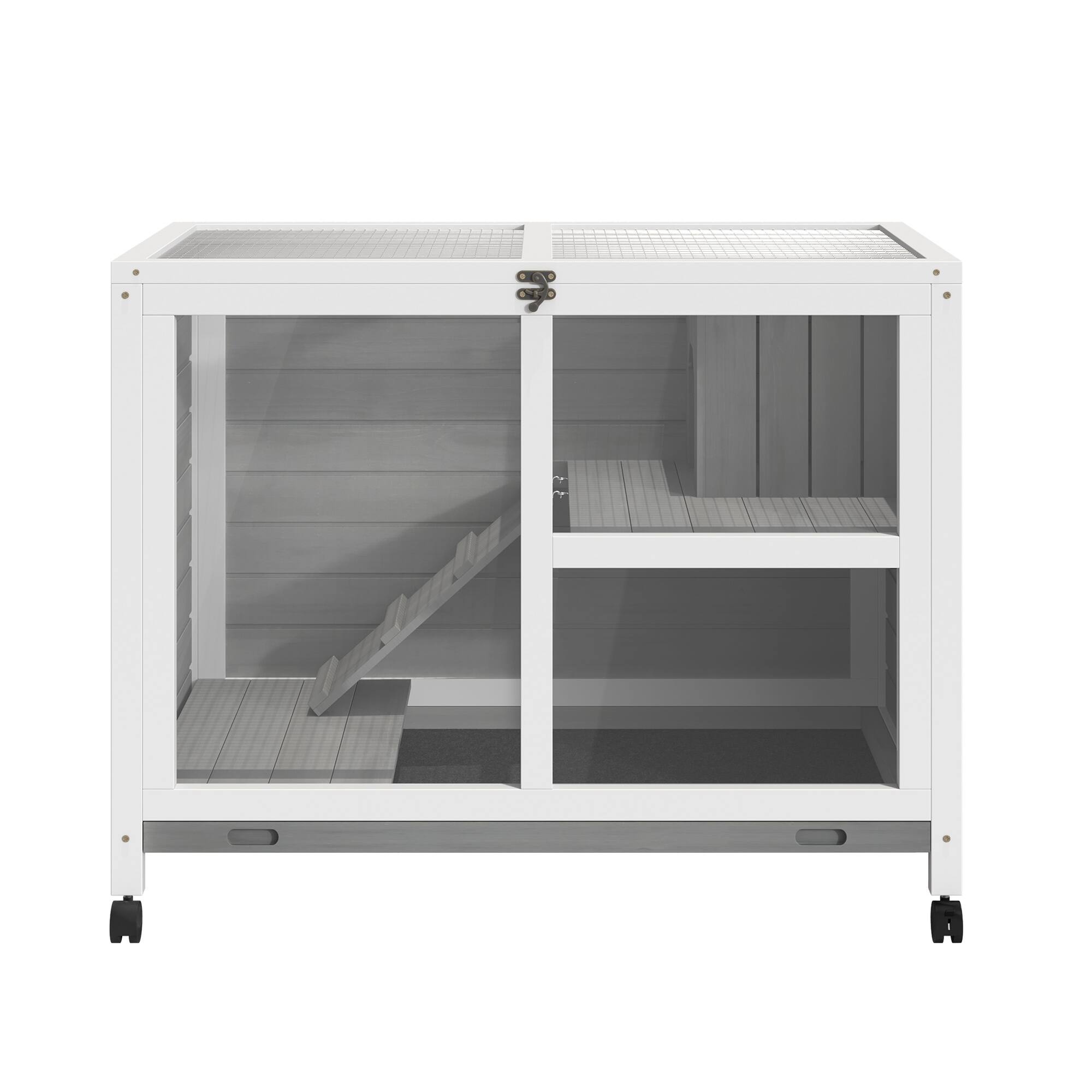 Alt View 4. Pawhut - Rabbit Hutch with Wheels, Desk and Side Table Sized, Wooden, Waterproof, Removable Tray, Openable Roof.