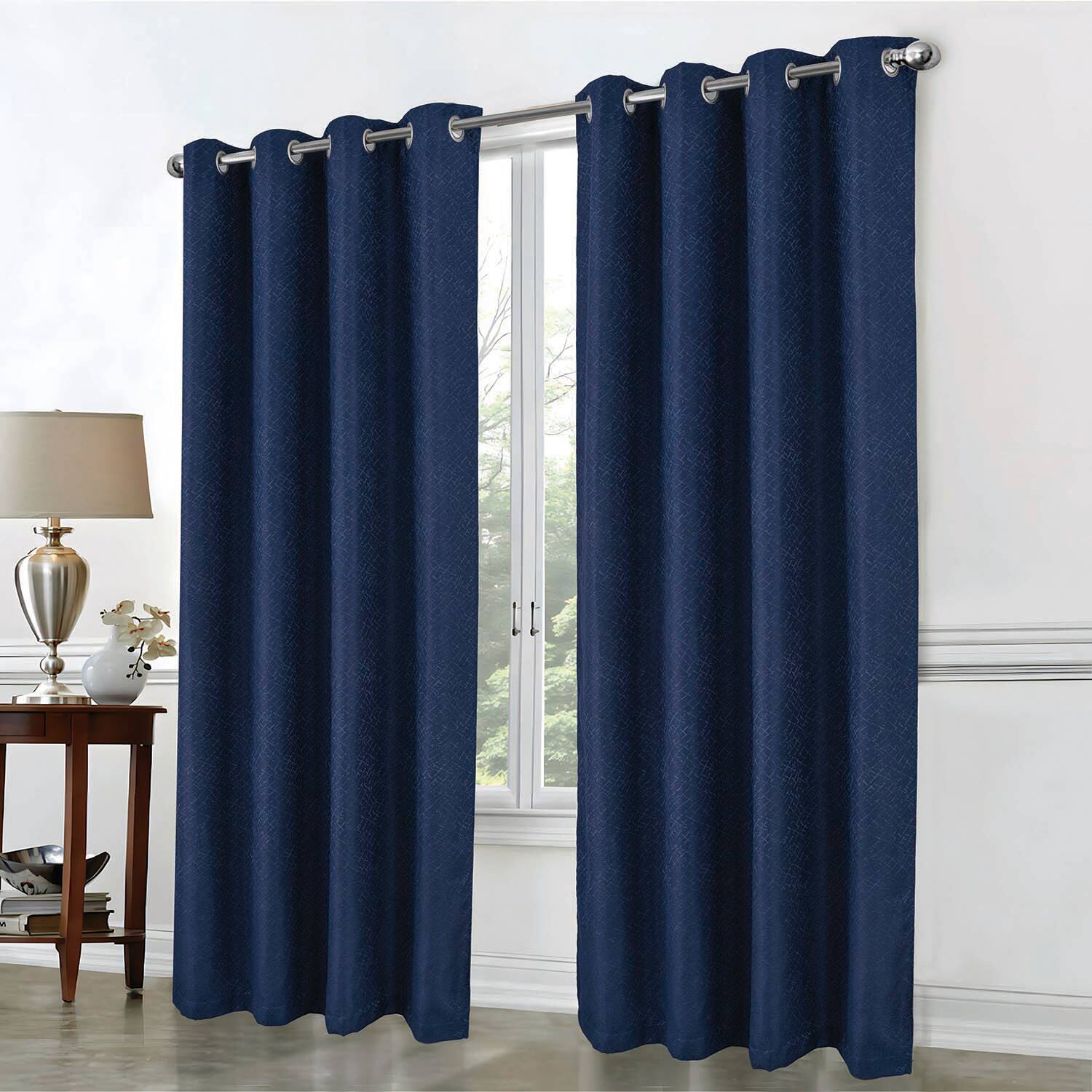 Angle. RT Designers Collection - RT Designer Collection Cassi Shimmer Jacquard Grommet Curtain Panel 54" x 90" Navy Blue - Navy Blue.