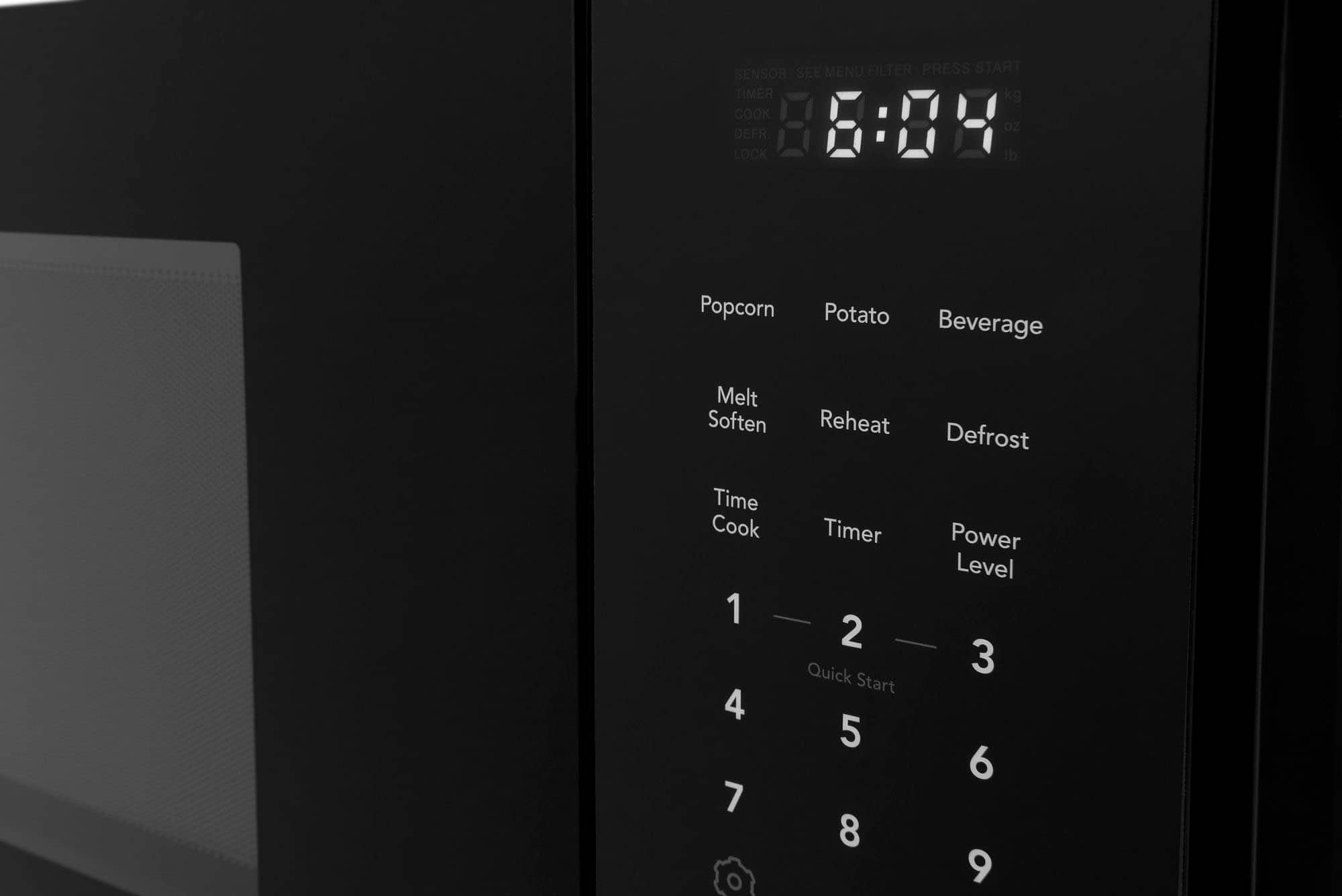 Sensor See Menu Filter Menu Filter Press Start Timer kg Cook Lock Defrost 88:88 oz di Popcorn Potato Beverage Melt Soften Reheat Defrost Time Cook Timer 1 - 2 Quick Start 4 5 7 8 Power Level 3 6 9