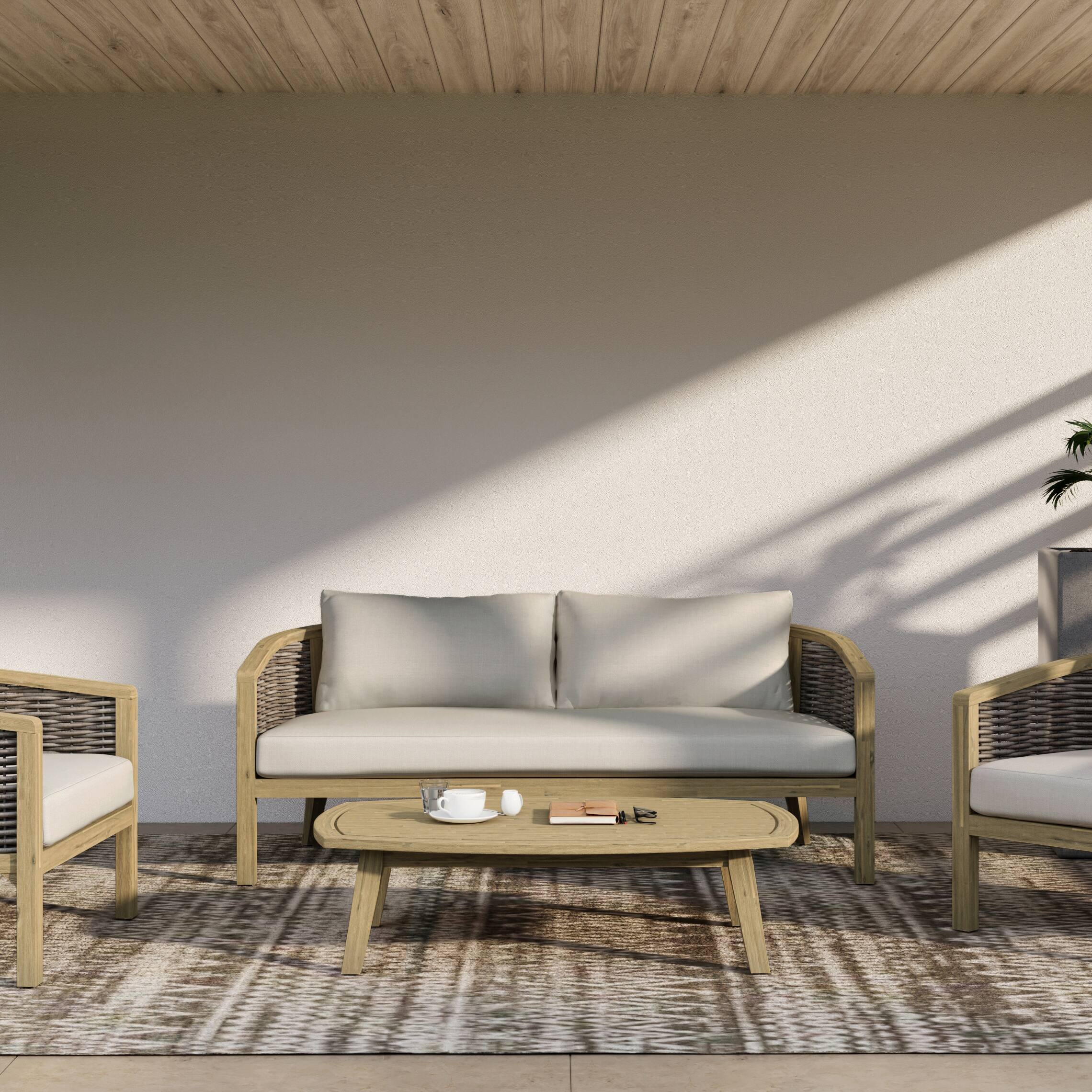 Angle. Simpli Home - Parkside SOLID ACACIA WOOD 70 inch Wide Contemporary Outdoor Sofa in Polyester Fabric, Fully Assembled - Natural.