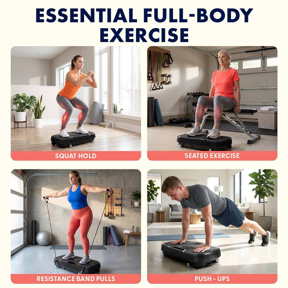 ESSENTIAL FULL-BODY EXERCISE

SQUAT HOLD

SEATED EXERCISE

RESISTANCE BAND PULLS

PUSH-UPS