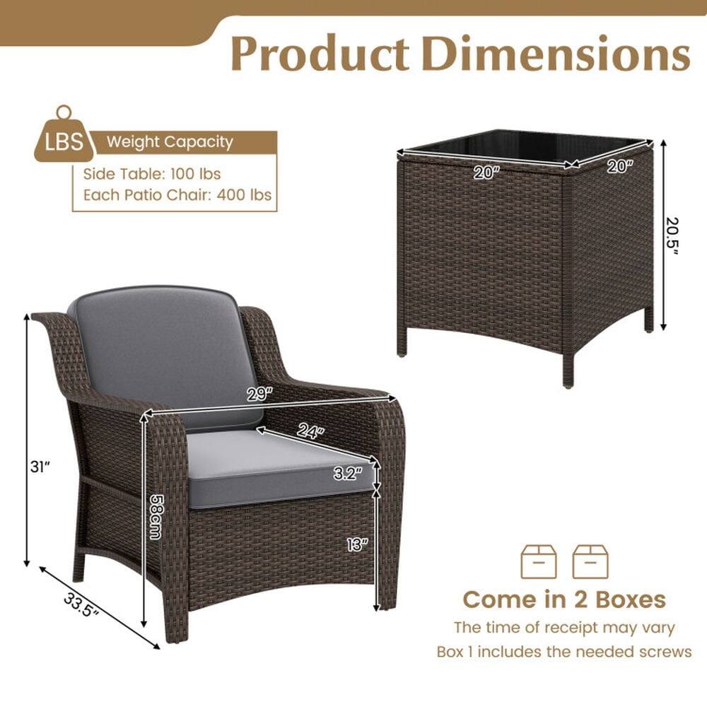 Product Dimensions  
LBS Weight Capacity  
Side Table: 100 lbs  
Each Patio Chair: 400 lbs  

Dimensions:  
- Side Table: 20" x 20" x 20.5"  
- Patio Chair: 31" x 29" x 33.5" (58cm)  

Come in 2 Boxes  
The time of receipt may vary  
Box 1 includes the needed screws