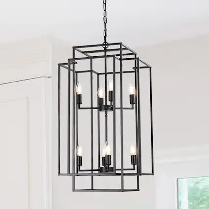 Front. Tiramisubest - 18" Modern 8-Light Black Geometric Pendant Chandelier, Industrial Metal Frame, Adjustable Hanging Light (No Bulbs) - Black.