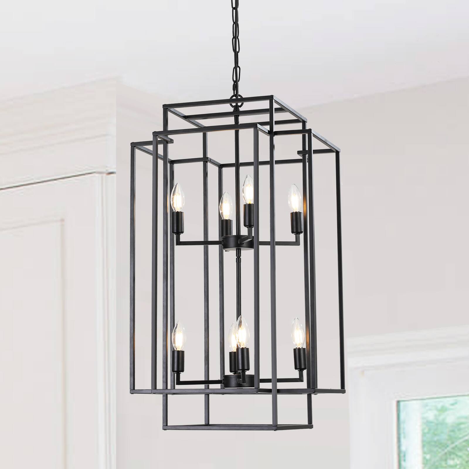 Front. Tiramisubest - 18" Modern 8-Light Black Geometric Pendant Chandelier, Industrial Metal Frame, Adjustable Hanging Light (No Bulbs) - Black.