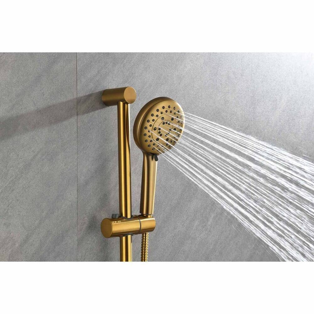 Alt View 1. JUJABU - Brushed Gold Shower System with Shower Head, Slide Bar, Bodysprays, Shower Arm, Hose, Valve Trim, and Lever Handles - Brushed Gold.