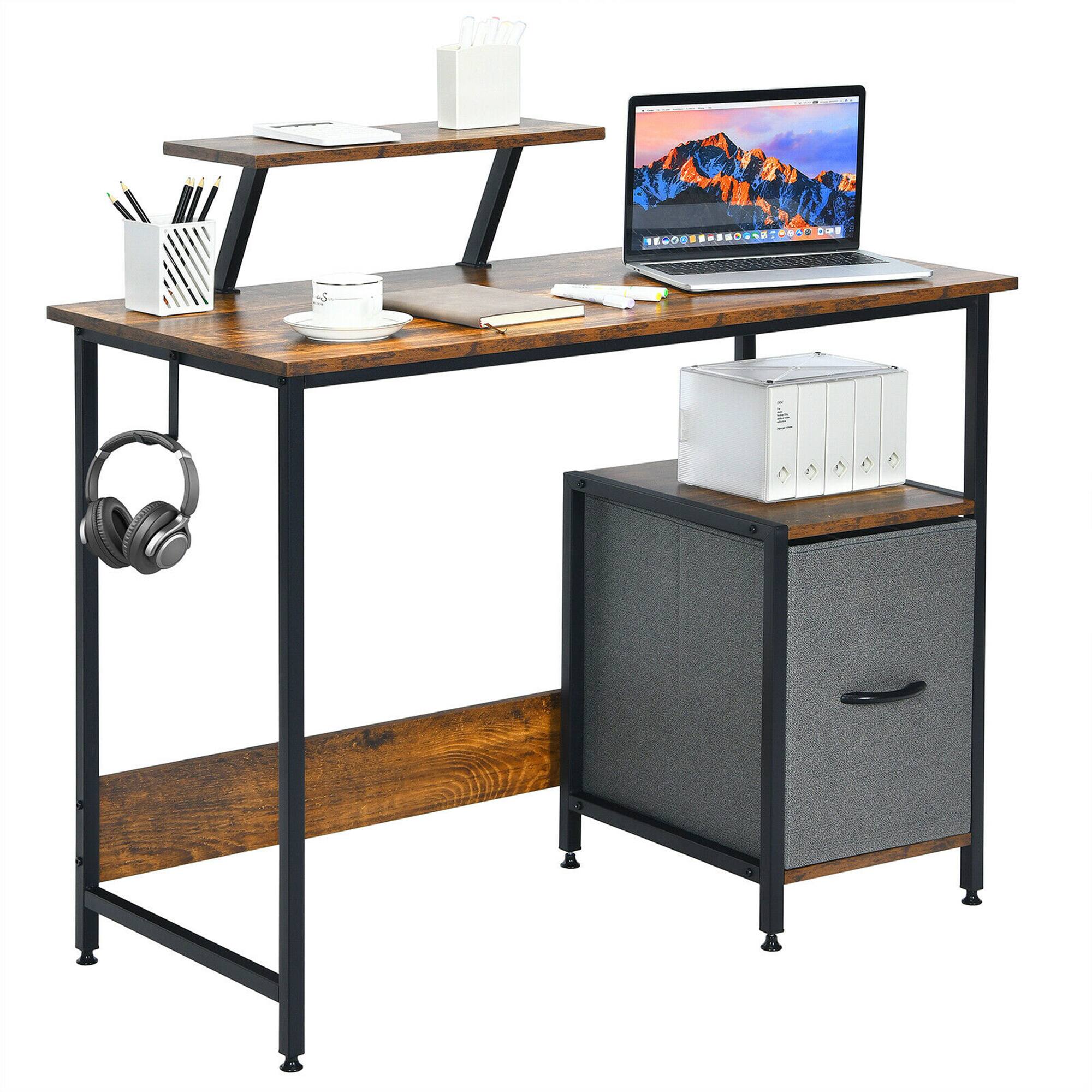 Alt View 9. Costway - Costway Computer Desk Writing Workstation Home Office w/ Movable Storage Rack & Shelf - Black & Rustic Brown.