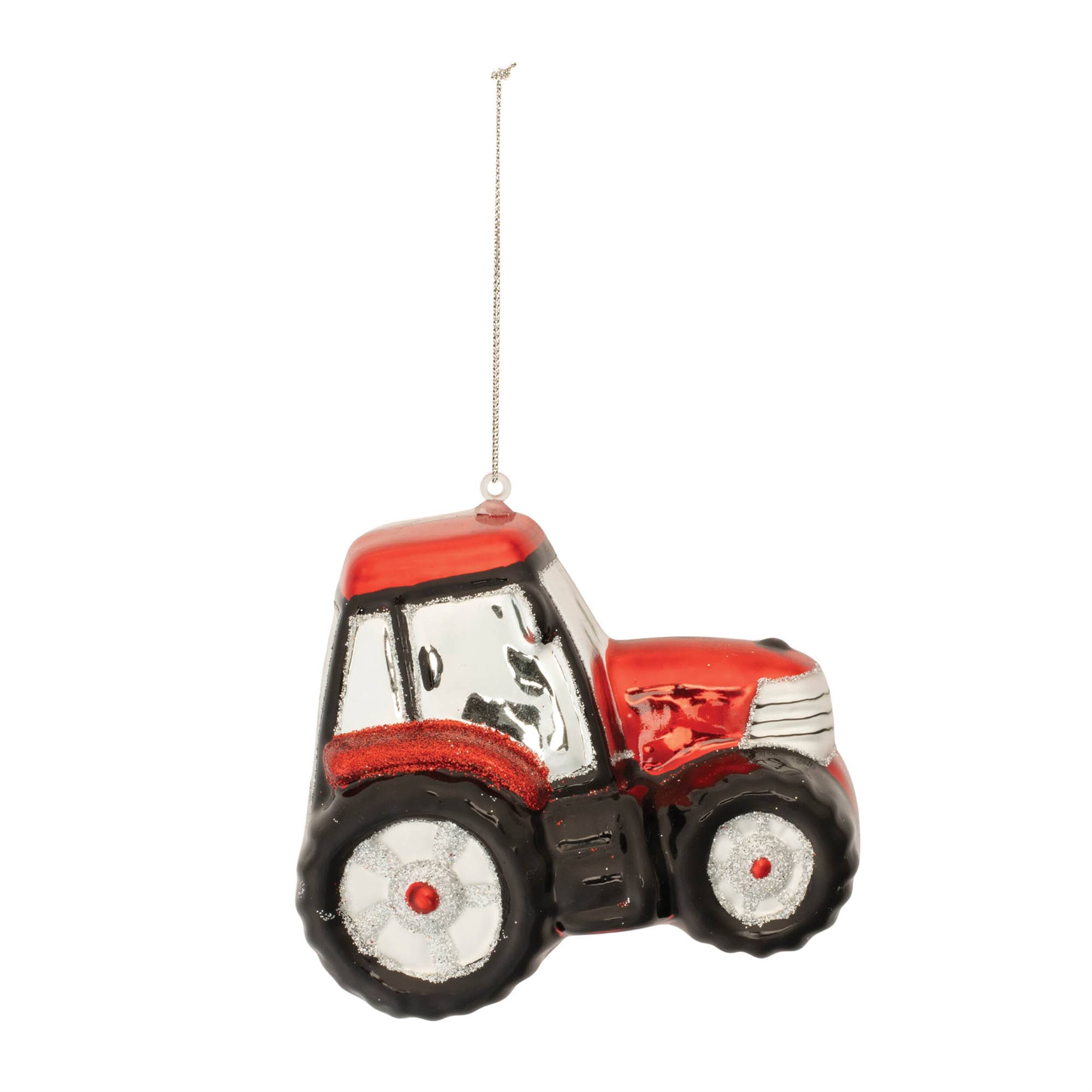 Angle. BreeBe - Glittered Glass Tractor Ornament (Set of 6) - Red, Silver.