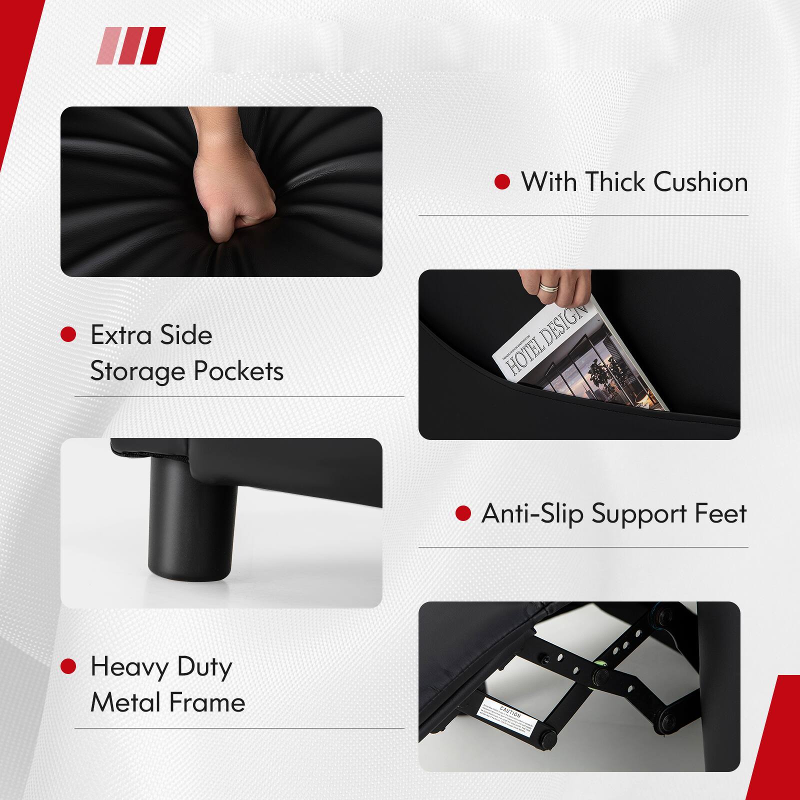 - Extra Side Storage Pockets
- With Thick Cushion
- Heavy Duty Metal Frame
- Anti-Slip Support Feet