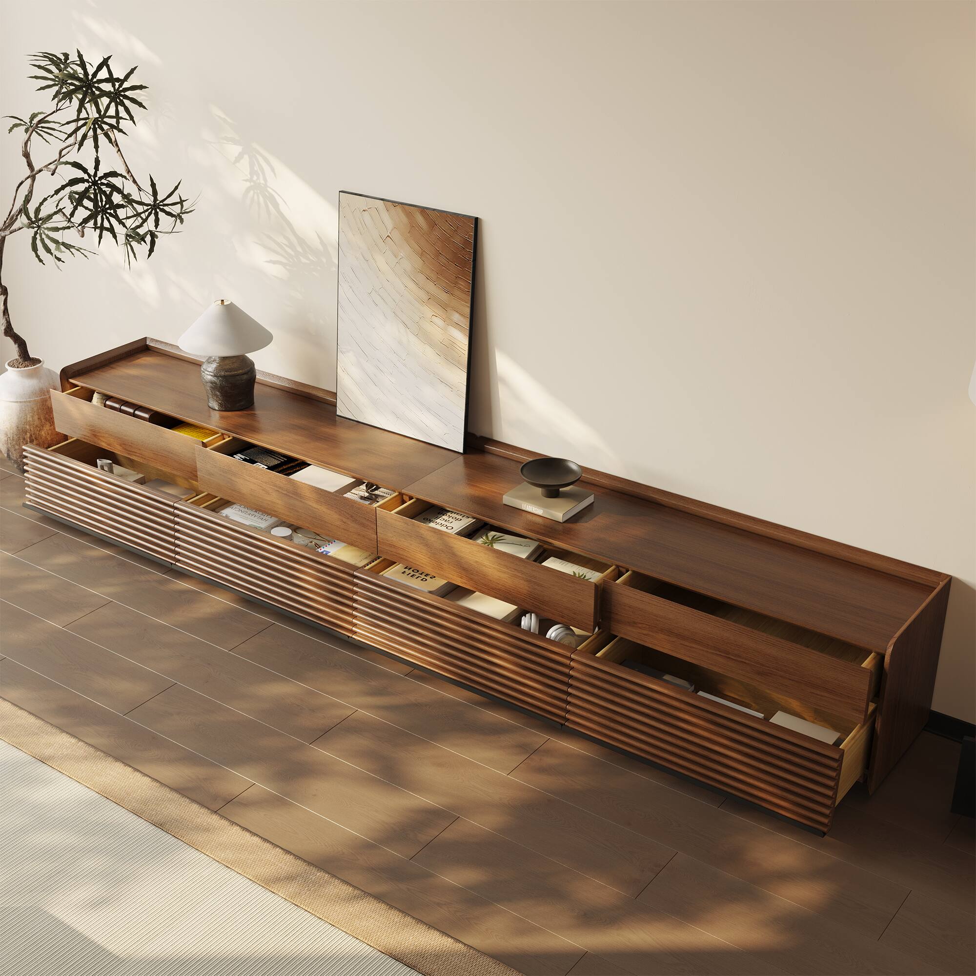 Left. POVISON - 118"Fully-Assembled Mid-Century TV Stand, Walnut Modern Cabinet with Adjustable Light, Perfect for 95-inch TVs - Walnut.