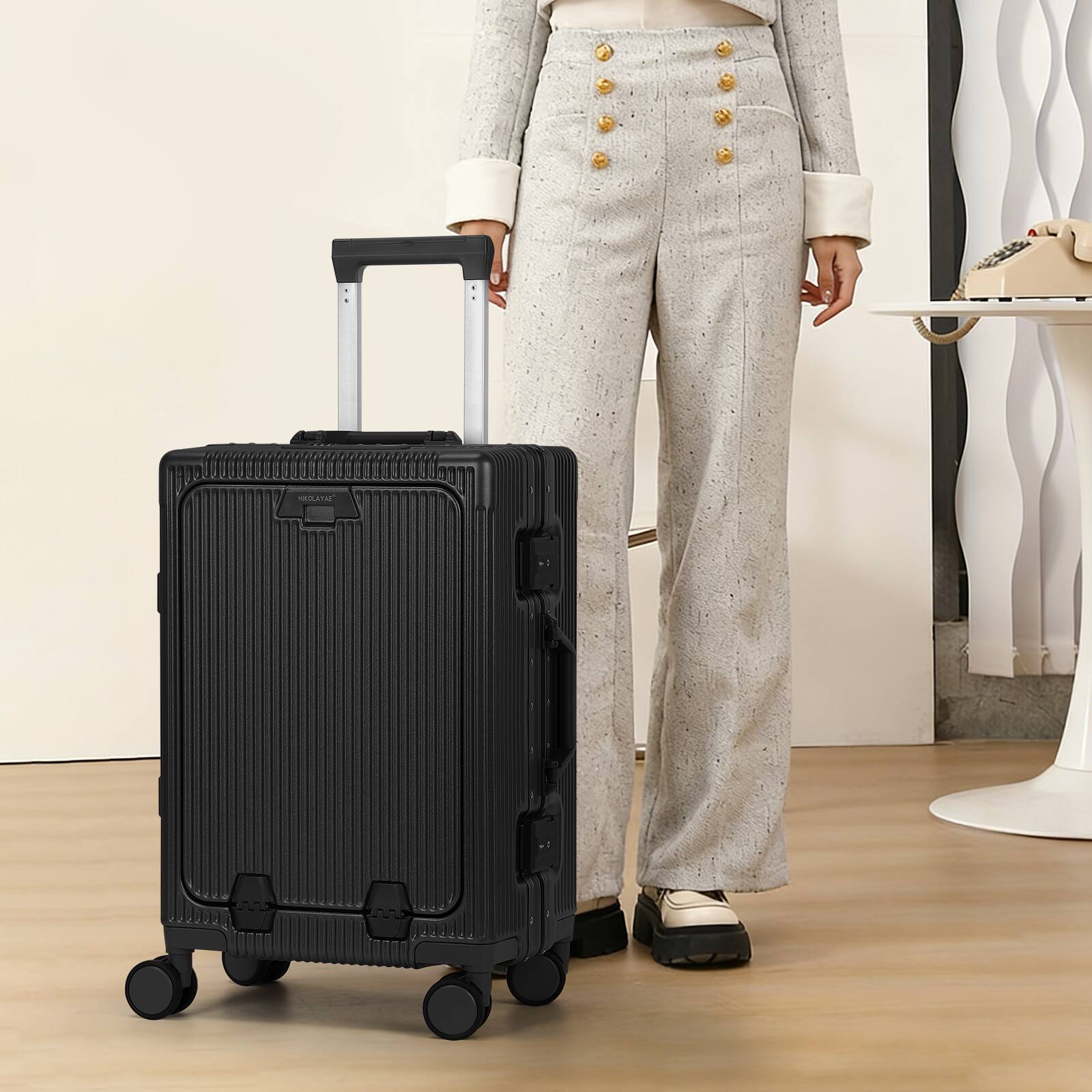Left. Oumilen - 20 Inch Front Opening Aluminum Frame Carry On Luggage – ABS+PC Hard Shell with TSA Lock, USB Port, Cup Holder, Black - Black.