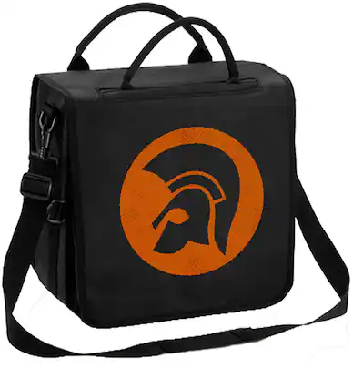 Front. PopMarket - Rocksax - Trojan - Helmet Logo - Vinyl/LP Backpack Record Bag (Black/Orange) - Multicolor.