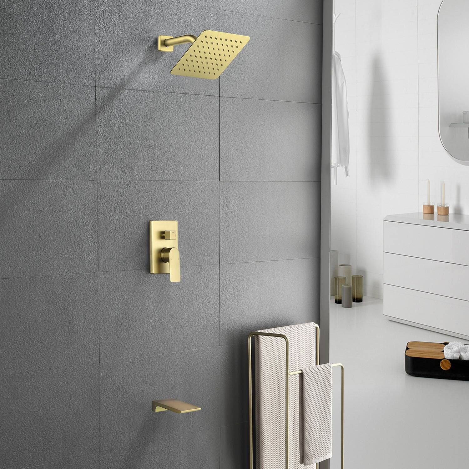 Alt View 2. Boyel Living - Brushed Gold 2-Function Brass Pressure Balance Valve 8 Inch SUS304 Top Spray Waterfall Spout Dual Water Outlet - Brushed Gold.