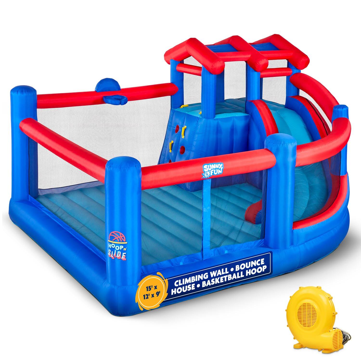 Sunny ofun hoop . Slide d . Bounce hoop wall climbing . Basketball 15' house 12' x 9'