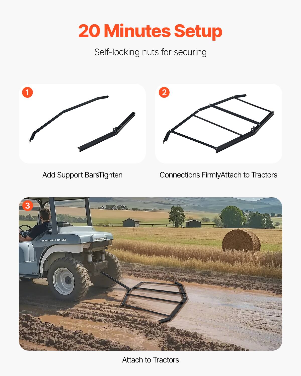 20 Minutes Setup
Self-locking nuts for securing

1. Add Support Bars Tighten
2. Connections Firmly Attach to Tractors
3. Attach to Tractors