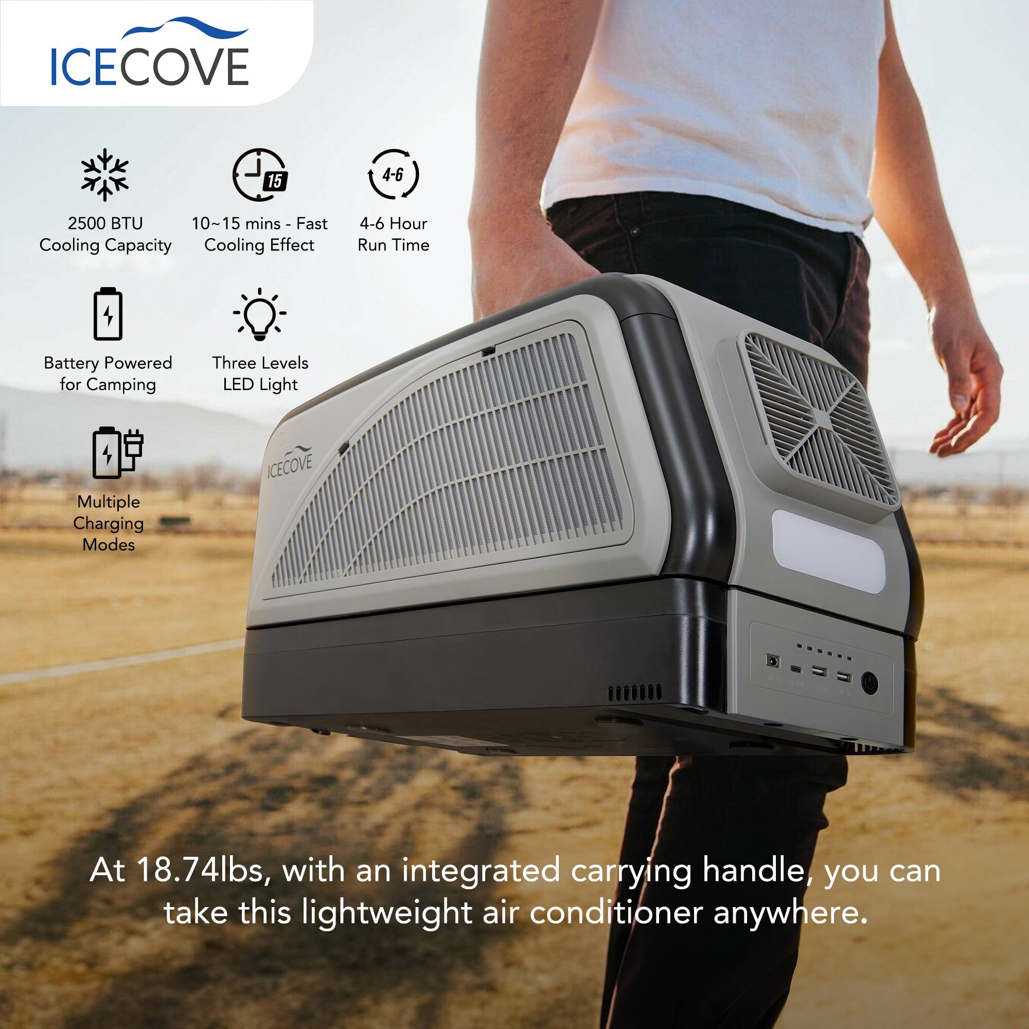 ICECOVE 15  
2500 BTU  
10~15 mins - Fast Cooling Effect  
4-6 Hour Run Time  
Battery Powered for Camping  
Three Levels LED Light  
Multiple Charging Modes  

At 18.74lbs, with an integrated carrying handle, you can take this lightweight air conditioner anywhere.