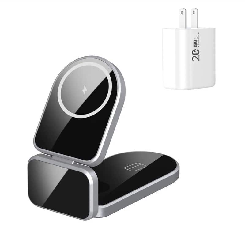RISOKEYS - Magnetic Foldable 3-in-1 Wireless Charger with Charging Port - Wireless Charging Stand, Aluminum Alloy,Wireless Charging - Silver