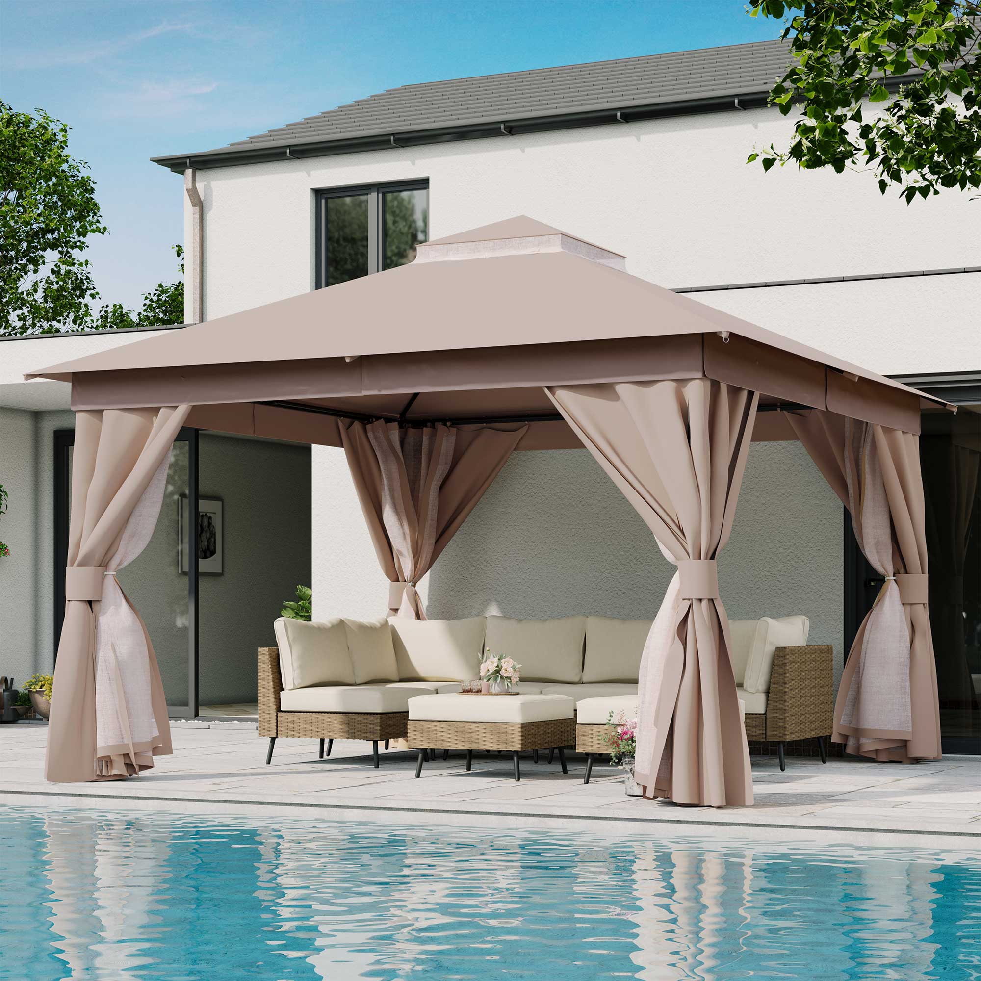 Angle. Yardgrace - 12x12 FT Outdoor Heavy Duty Metal Frame Gazebo Double Roof Mosquito Net Privacy Screen Patio Backyard Garden - khaki.