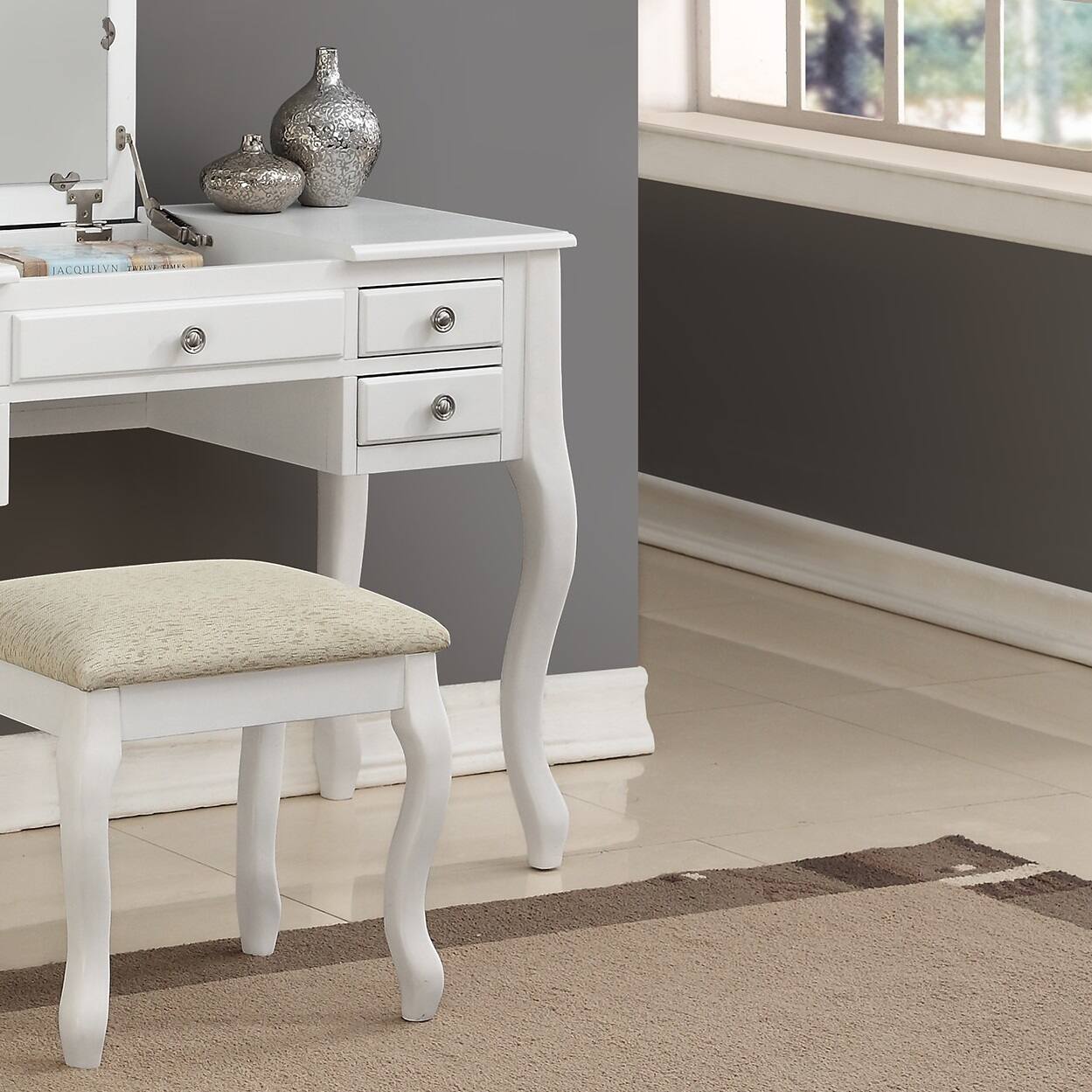 Left. APRILSOUL - Classic 1pc Vanity Set Stool White Color Drawers Open-up Mirror Bedroom Furniture Unique Legs Cushion Seat Stool Vanity - White.