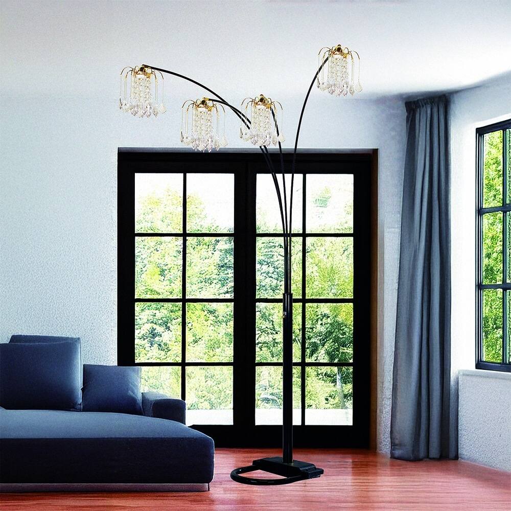 Front. APRILSOUL - BLACK 4-HEAD CRYSTAL INSPIRED ARCH FLOOR LAMP - Black+Gold.