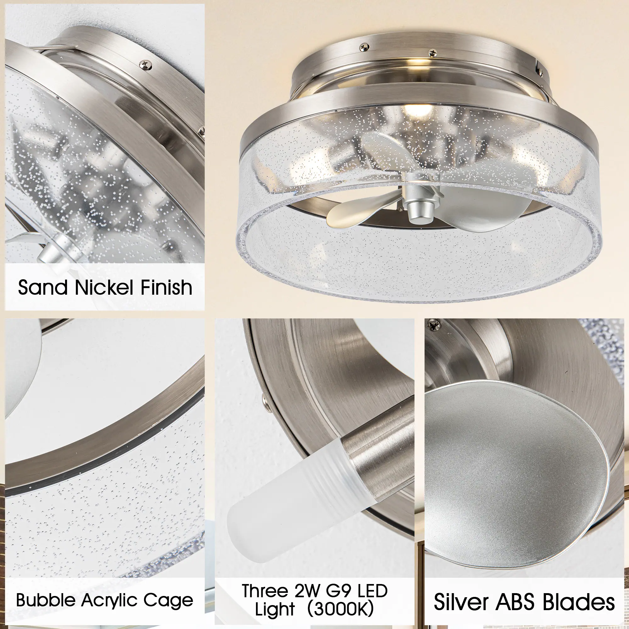 Sand Nickel Finish Bubble Acrylic Cage Three 2W G9 LED Light (3000K) Silver ABS Blades