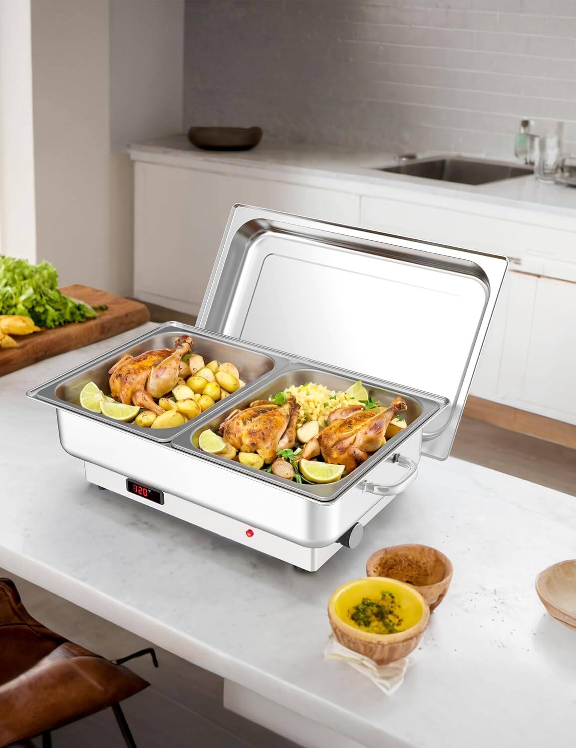 Alt View 3. GARVEE - Electric Chef Chafing Dish Buffet Set 2 x 4.5 QT Buffet Servers and Warmers Digital Display Temperature Warming Tray - Silver.