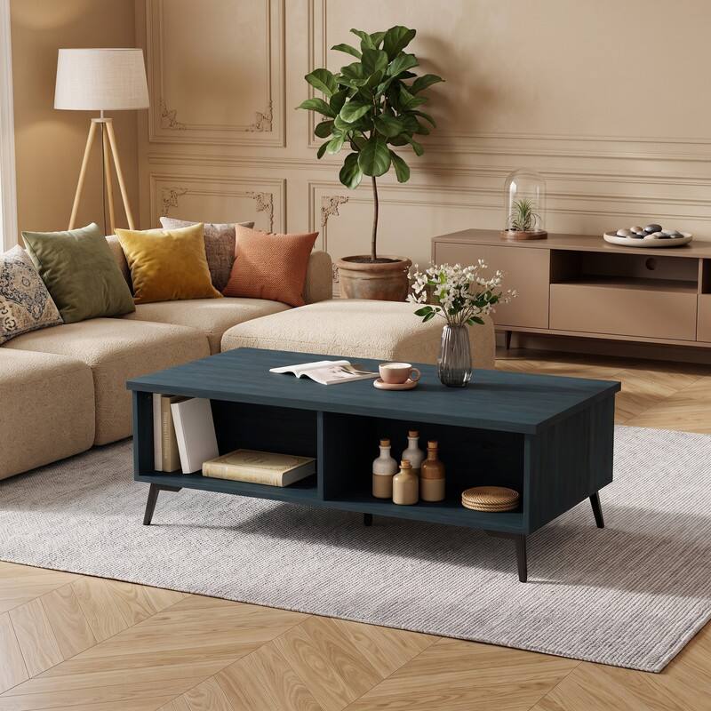 Angle. WELLFOR - Mid Century Modern Coffee Table with Storage Shelves Compartments, Cocktail Table Center Table for Living Room - Blue.