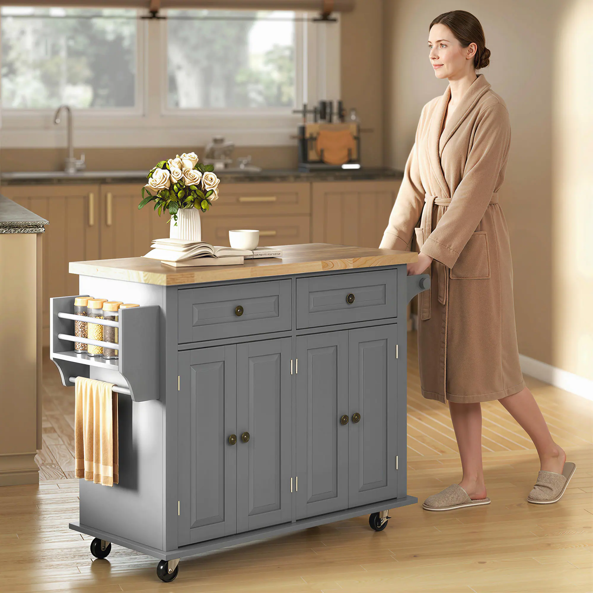 Alt View 7. Homcom - Mobile Kitchen Island Table, Kitchen Island Cart on Wheels with Storage Cabinets - Grey.