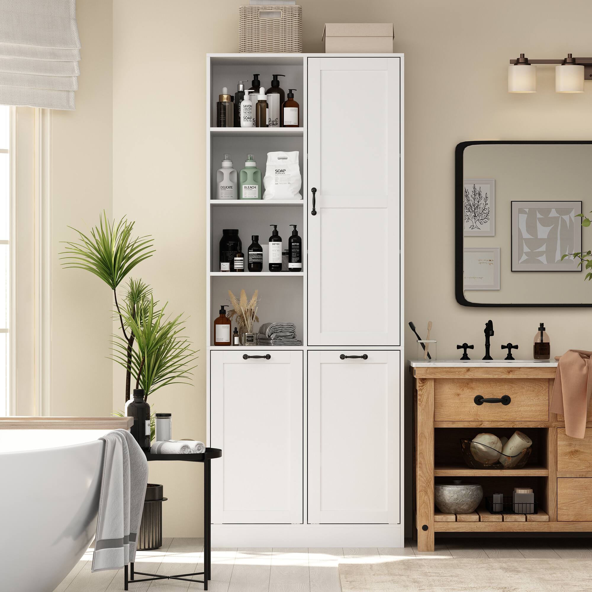 Angle. Famapy - Bathroom Storage Cabinet with Laundry Hamper, Multi-Tier Organizer Shelf for Towels, Toiletries, Laundry Room - White.