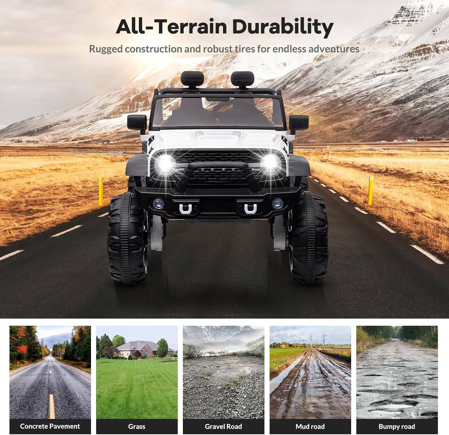 All-Terrain Durability  
Rugged construction and robust tires for endless adventures  

Concrete Pavement  
Grass  
Gravel Road  
Mud road  
Bumpy road