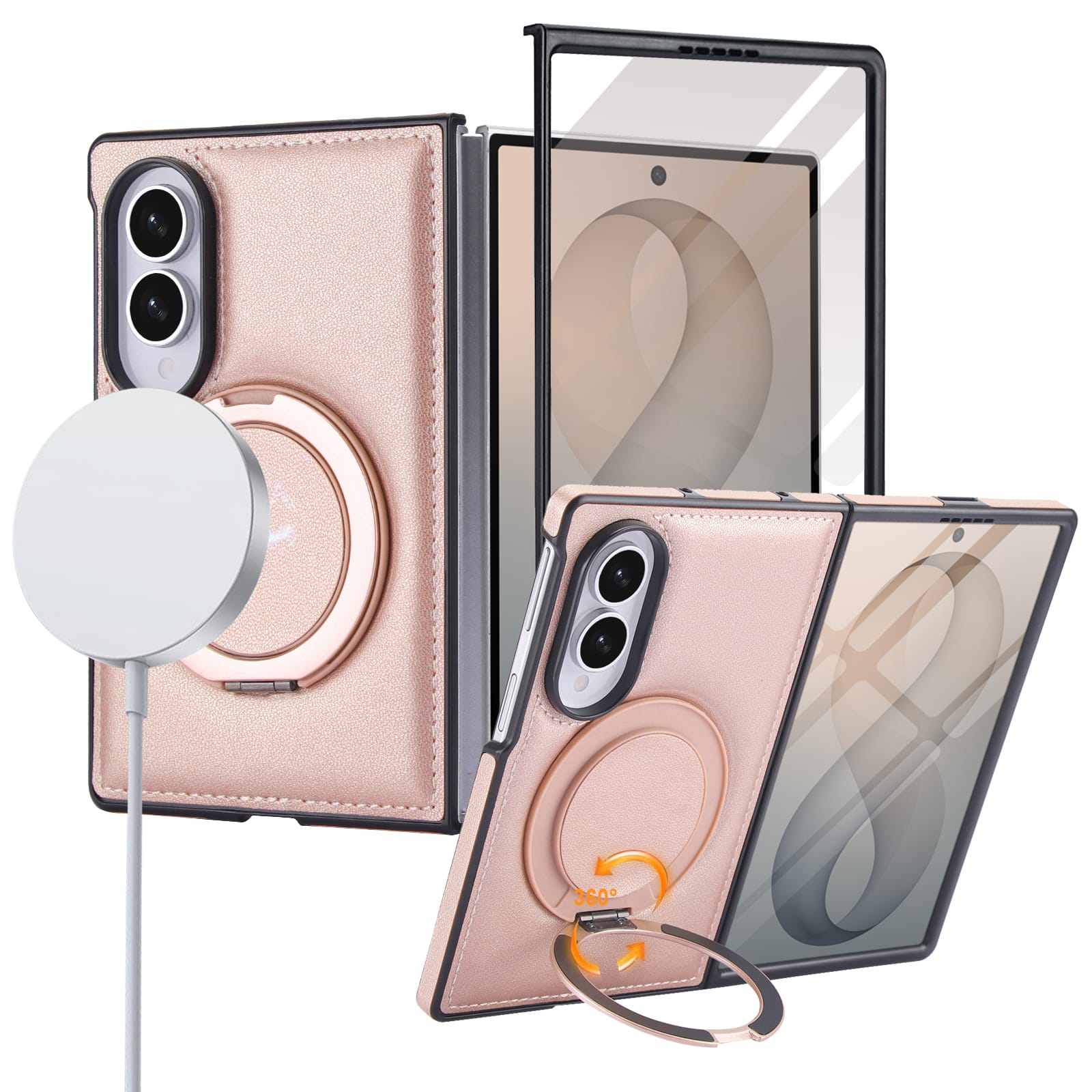 Dteck - Shockproof Case for Samsung Galaxy Z Fold8 with Stand, Magnetic Leather Texture Rigid Plastic Cover Built in Screen Film - Rosegold price history on PriceWatchPro