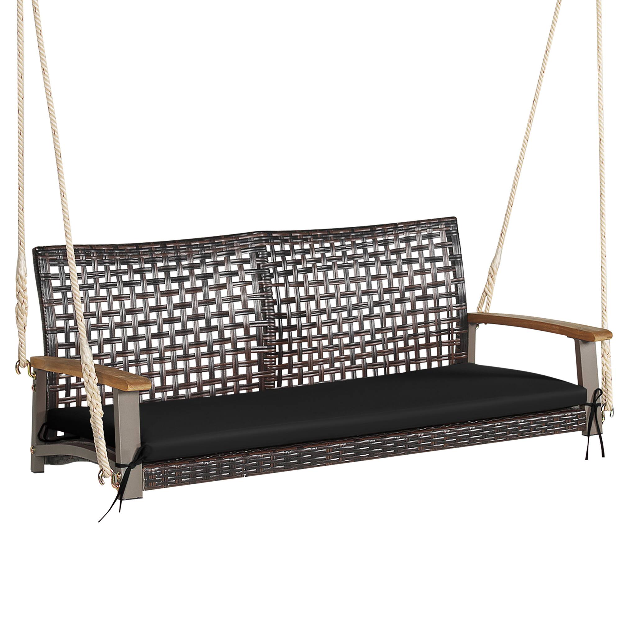 Costway - 2-Person Patio Rattan Hanging Swing Chair Porch Loveseat Cushion - Black