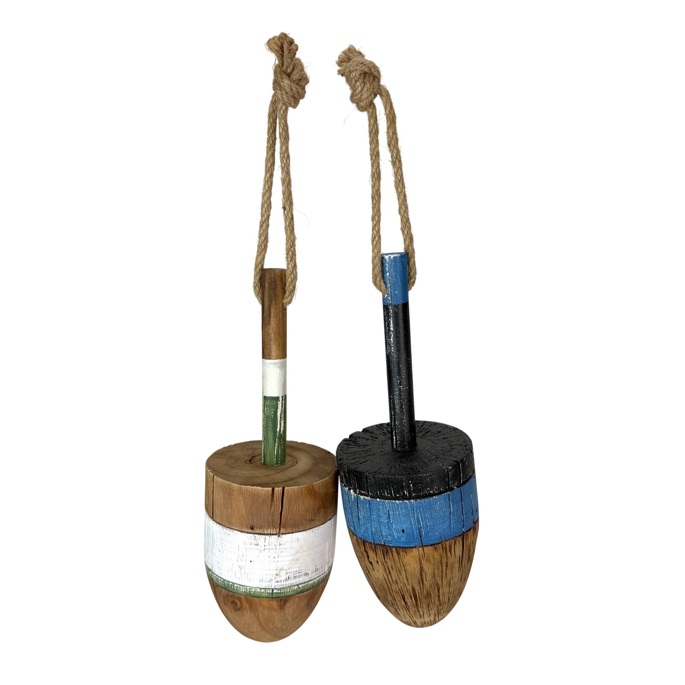 Front. Things2Die4 - Rustic Wooden Buoy Set of 2 Nautical Wall Decor Striped Rope Hangers 15 In - Multicolored.