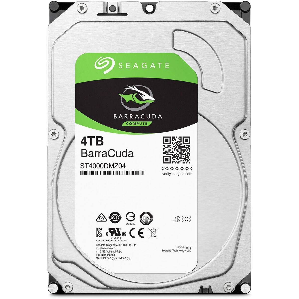 SEAGATE BARRACUDA COMPUTE 4TB  
BarraCuda ST4000DMZ04 II  
XXXXXXXXXXXX  
verify.seagate.com  
20 TOV -o 033027 C LR US CE 100814  
KAXRAAK  
Seagate Singapore Pte. Ltd  
Koolhovenlaan 1  
1119 NI Schiphol-Rijk, The Netherlands  
CAN 0ES-3 d / NMD-3 d  
+5V 0.XXA A  
+12V 0.XX A  
HDD Mfg by Seagate Technology LLC
