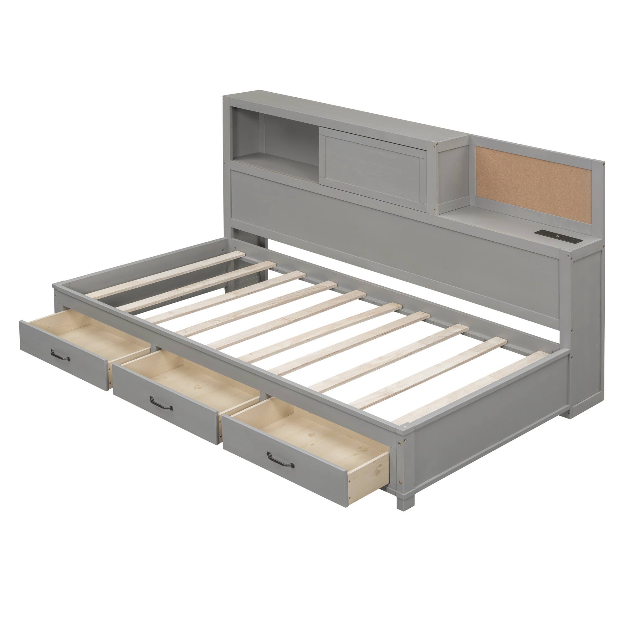 Alt View 6. Tiramisubest - Twin Size Wooden Daybed with 3 Storage Drawers, Upper Soft Board, shelf, and a set of Sockets and USB Ports, Gray - Gray.